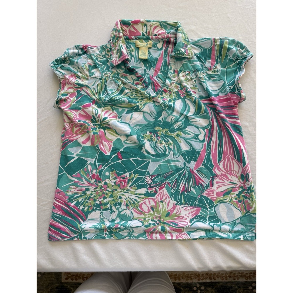 Caribbean Joe Women Floral Short Sleeve Tropical Vacation Shirt Teal Pink Large